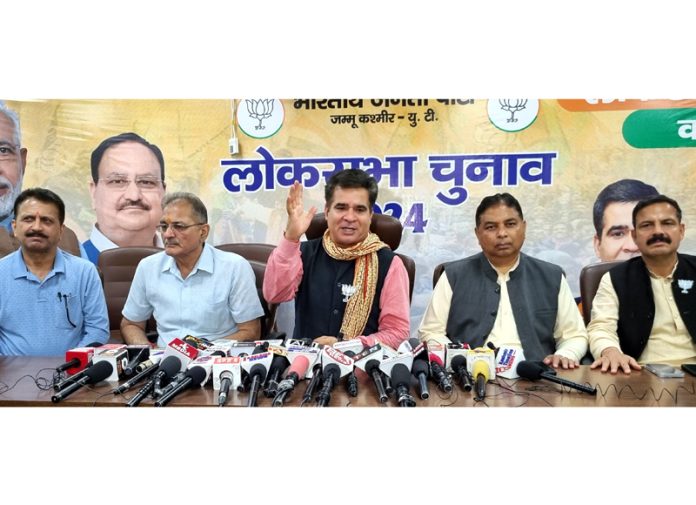 BJP leaders at a press conference at Jammu on Saturday.