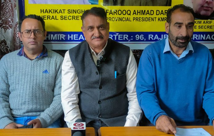 Members of JKNPP (Bhim) during a press conference in Srinagar on Friday. -Excelsior/Shakeel