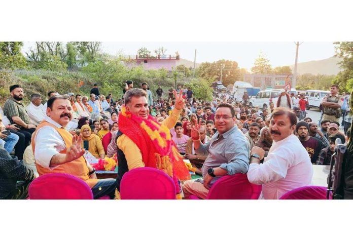 BJP J&K UT president and other leaders during a public meeting in Reasi on Thursday.