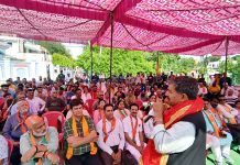 BJP candidate, Jugal Kishore Sharma addressing an election rally at Jammu on Tuesday.