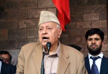 National Conference President Dr Farooq Abdullah addressing an election rally in Srinagar on Thursday. (UNI)