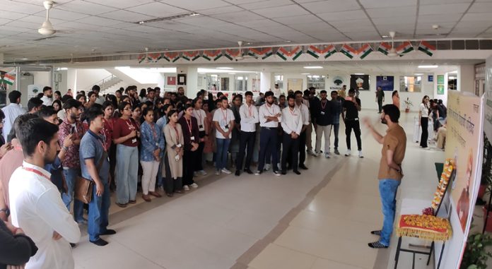 ABVP activists assemble at CUJ for paying tribute to martyr Chanderkant Sharma.