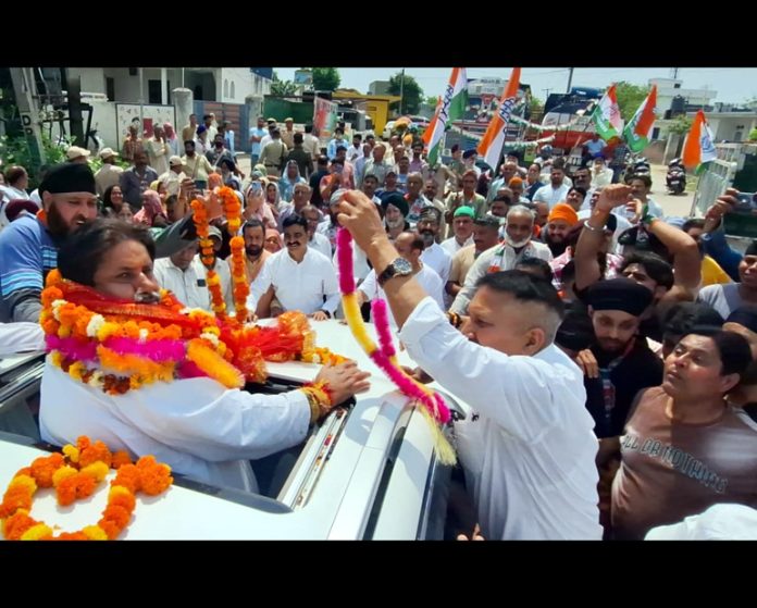 Cong candidate, Raman Bhalla during election rally in Bishnah on Wednesday.
