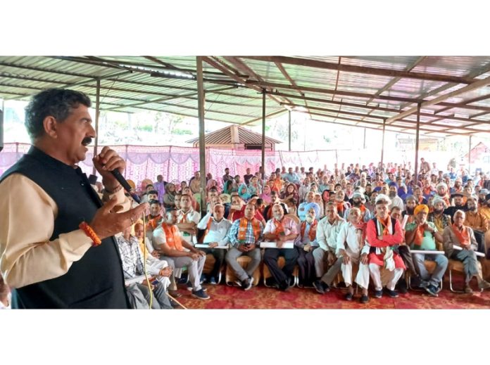 MP and BJP candidate for Jammu Lok Sabha seat, Jugal Kishore Sharma addressing a public rally at a Reasi village on Thursday.