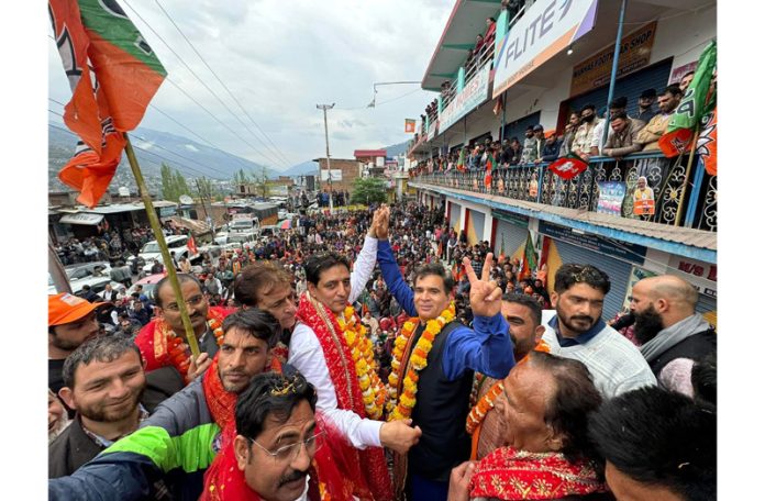 BJP leaders during a rally in a Doda village on Sunday.