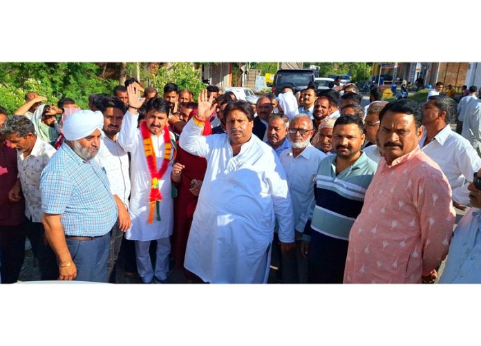 Cong candidate, Raman Bhalla and other leaders during election campaign in Nagrota on Sunday.