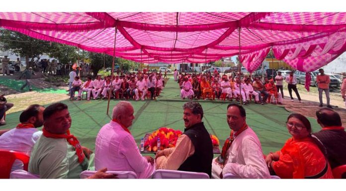 MP and BJP candidate for Jammu Lok Sabha seat Jugal Kishore Sharma during a public meeting in Suchetgarh on Monday.