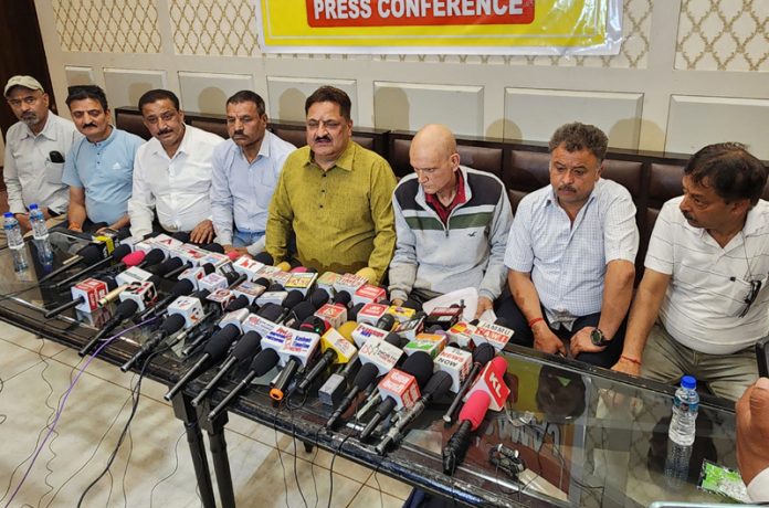 Kiran Wattal convener VKS along with other office bearers at a press conference at Jammu on Thursday. -Excelsior/Rakesh