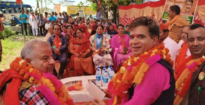 BJP leaders during a public rally in a Bishnah village on Wednesday.