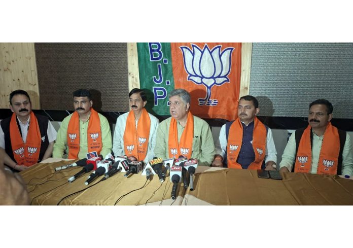 BJP leaders addressing press conference at Udhampur on Wednesday.