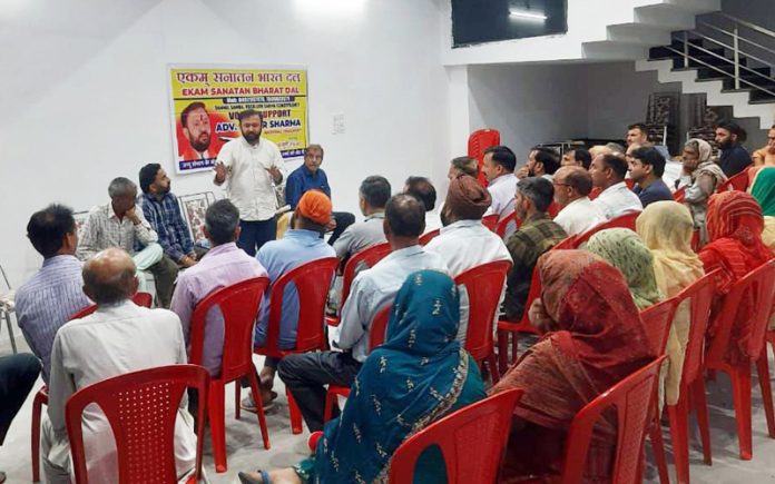 ESBD candidate for Jammu-Reasi Lok Sabha Constituency, Advocate Ankur Sharma addressing a gathering at Jindrah on Thursday.