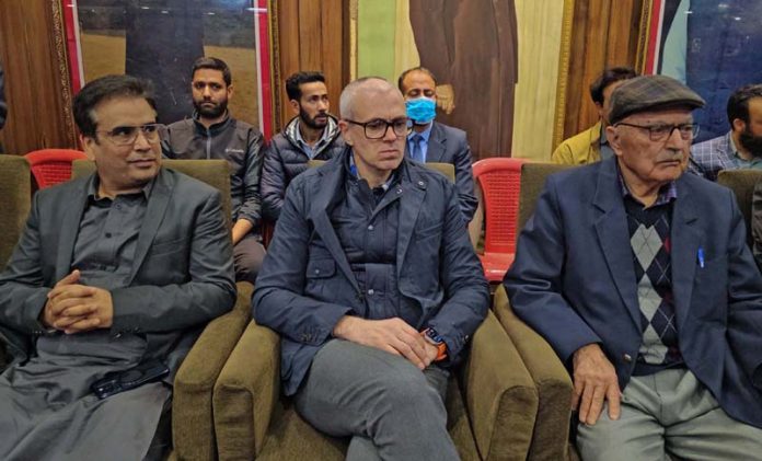 Vice President of the National Conference Omar Abdullah talking to reporters in Srinagar on Friday. -Excelsior/Shakeel