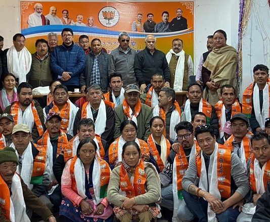 BJP leaders during a party meeting at Leh on Tuesday.