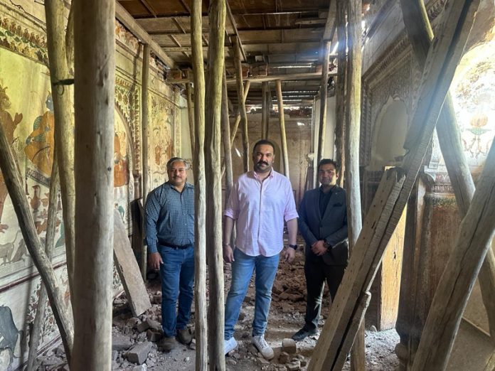Ranvijay Singh, Trustee of the J&K Dharmarth Trust inspecting ongoing renovation works at various temples in Jammu on Thursday.