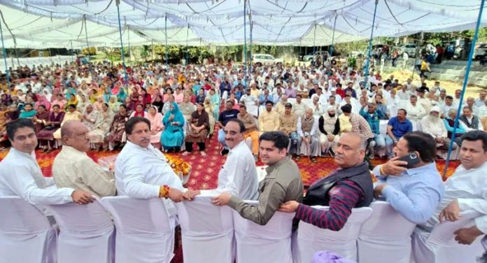 Senior Cong leaders, Raman Bhalla, Mula Ram, Hari Singh Chib and others during election meeting in Jammu North on Sunday.