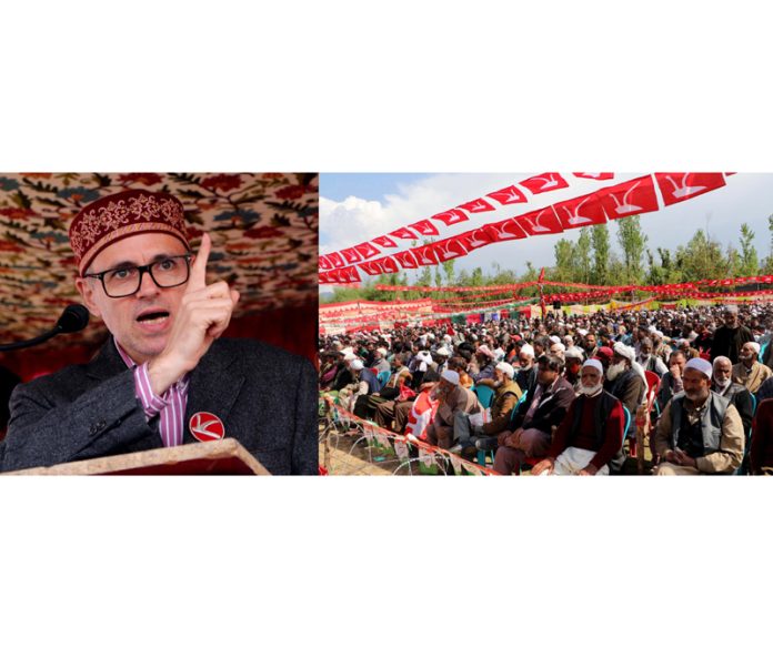 Former Chief Minister Omar Abdullah addressing a public rally in Kulgam on Tuesday.