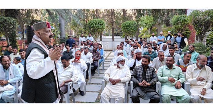 Senior BJP leader Devender Singh Rana addressing a gathering in Jammu on Sunday.