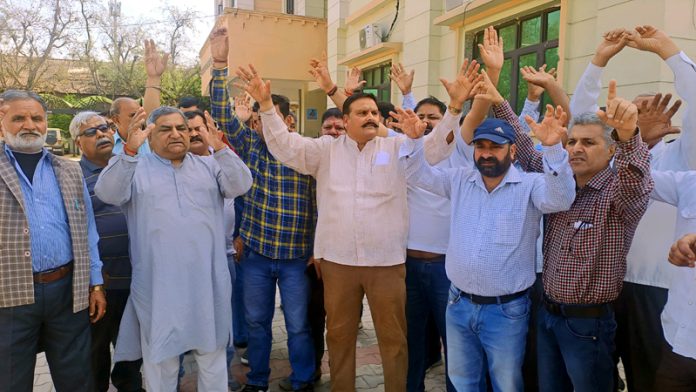 Ration dealers staging protest in Jammu.