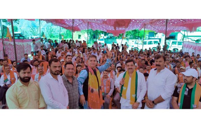 BJP leaders in an election rally at Reasi on Friday.