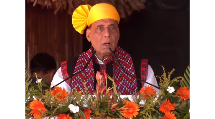 Defence Minister Rajnath Singh addressing an election rally at Namsai in Arunachal Pradesh East Constituency on Tuesday.