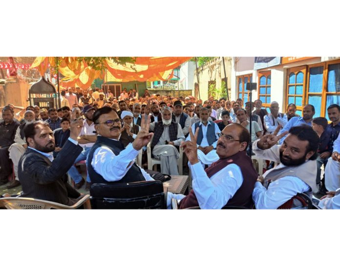 Senior NC leader Javed Rana and others during election meeting at Mendhar on Saturday.