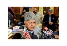 National Conference President, Farooq Abdullah talking to media persons in Srinagar on Tuesday. -Excelsior/Shakeel