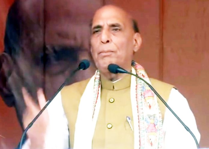 Defence Minister and senior BJP leader Rajnath Singh addressing a rally in Bihar on Sunday.