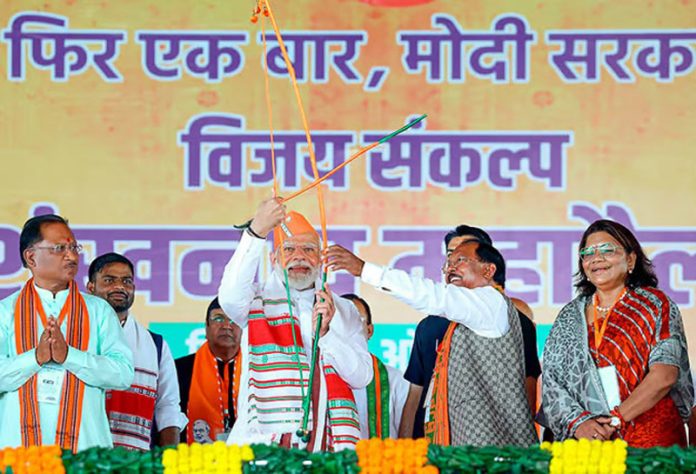 Prime Minister Narendra Modi during a public meeting for Lok Sabha elections, in Surguja district, Chhattisgarh.
