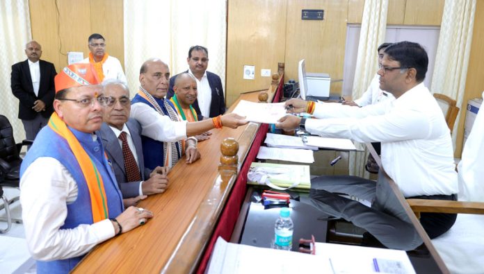 Defence Minister Rajnath Singh filing his nomination for the Lok Sabha Elections, in Lucknow on Monday. (UNI)