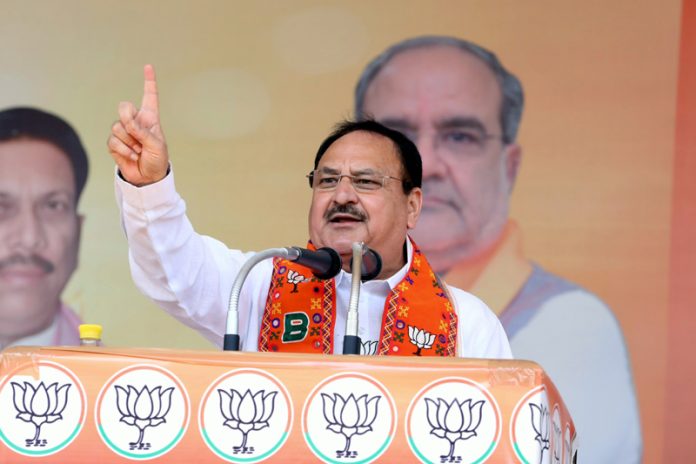 BJP president JP Nadda addressing an election rally in Rampur on Monday.
