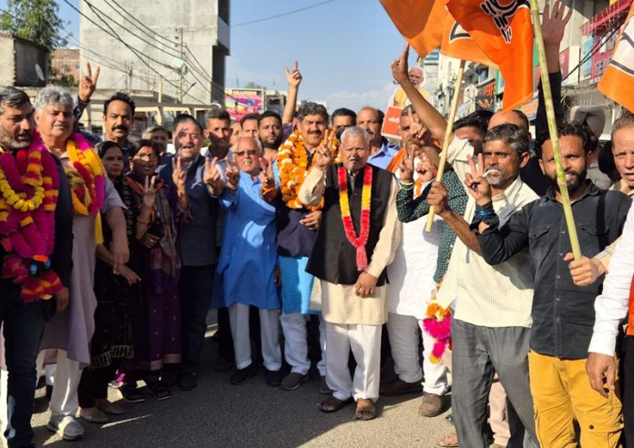 BJP candidate for Jammu LS seat, Jugal Kishore Sharma during campaigning in Vijaypur area on Friday.