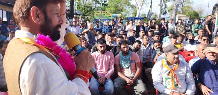 Ex-MP and Cong candidate Ch. Lal Singh addressing public rally in Udhampur on Monday.