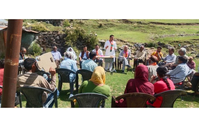 BJP spokesman, R S Pathania addressing a meeting in Udhampur village on Friday.