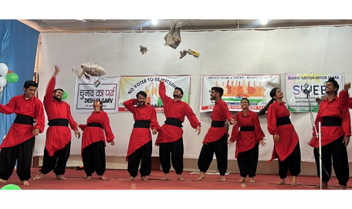 A scene from the play ‘Loktantra Ka Asli Mantra’ staged at Samba on Friday.