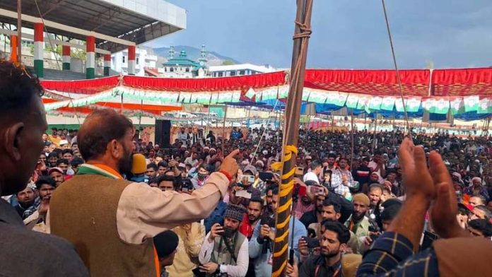 Ex-MP Ch Lal Singh addressing large public rally at Doda on Wednesday.