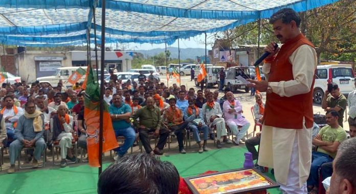 BJP Parliamentary candidate for Jammu, Jugal Kishore Sharma addressing a public meeting at Ghagwal, in Samba district on Wednesday.