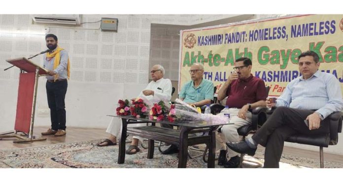 R K Bhat president YAIKS addressing a conference at Jammu on Monday.