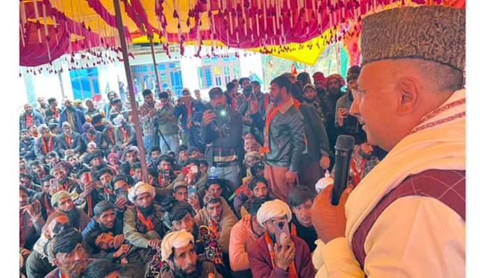 MP (RS) Gulam Ali Khatana addressing a rally at Jammu on Tuesday.