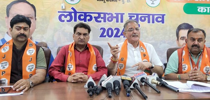 BJP leaders at a press conference at Jammu on Wednesday.