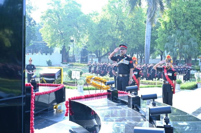 Col Anil Dev Swami paying tribute to the martyrs of Jammu and Kashmir Rifles Regiment at War Memorial.