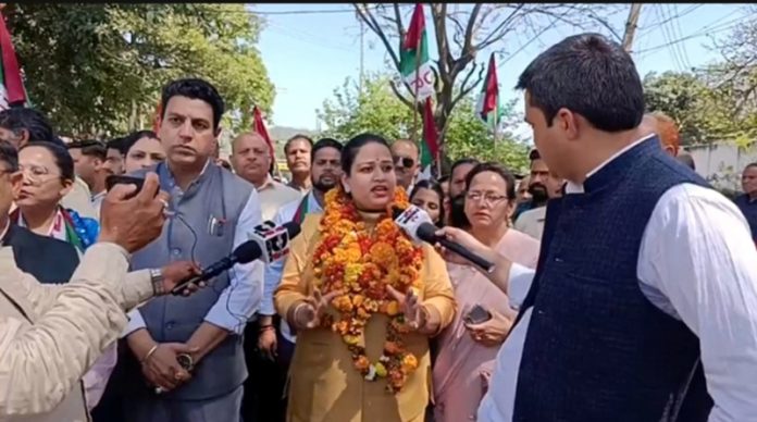 NAUP candidate, Shikha Bandral talking to reporters after filing her nomination for Jammu-Reasi Lok Sabha Constituency on Wednesday.