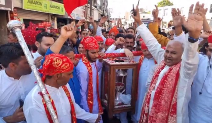 Shiv Sena leader Ashok Gupta with supporters during Charri Yatra to Mata Vaishno Devi shrine.