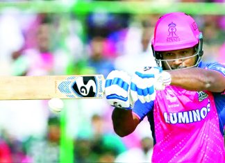 Captain of RR Sanju Samson playing a shot during his unbeaten knock of 71 runs in 33 balls against LSG on Saturday.
