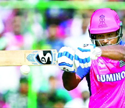 Captain of RR Sanju Samson playing a shot during his unbeaten knock of 71 runs in 33 balls against LSG on Saturday.