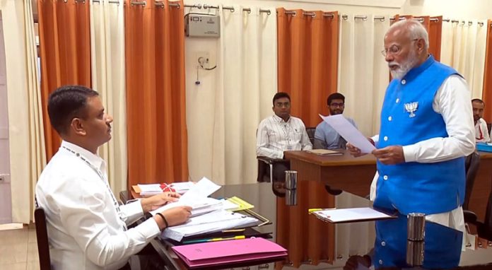 Prime Minister Narendra Modi files his nomination papers for Lok Sabha elections, in Varanasi on Tuesday. (UNI)