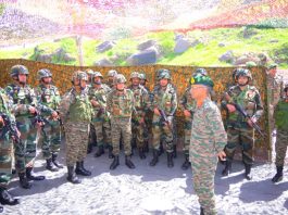 Northern Command chief Lt Gen MV Suchindra Kumar interacting with troops in Poonch on Tuesday.