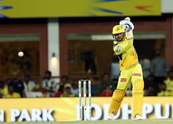 CSK captain Ruturaj Gaikwad playing a shot during his score of 42 runs not out against RR on Sunday.