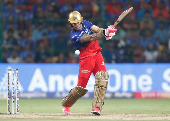 RCB captain Faf du Plessis in action during his splendid knock of 64 runs in 23 balls against Gujarat Titans.