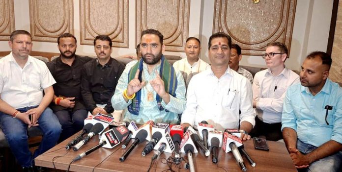 Leaders of Parshuram Yuva Dal addressing a press conference at Udhampur on Friday.