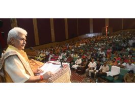 LG Manoj Sinha addressing a function at Katra on Thursday.